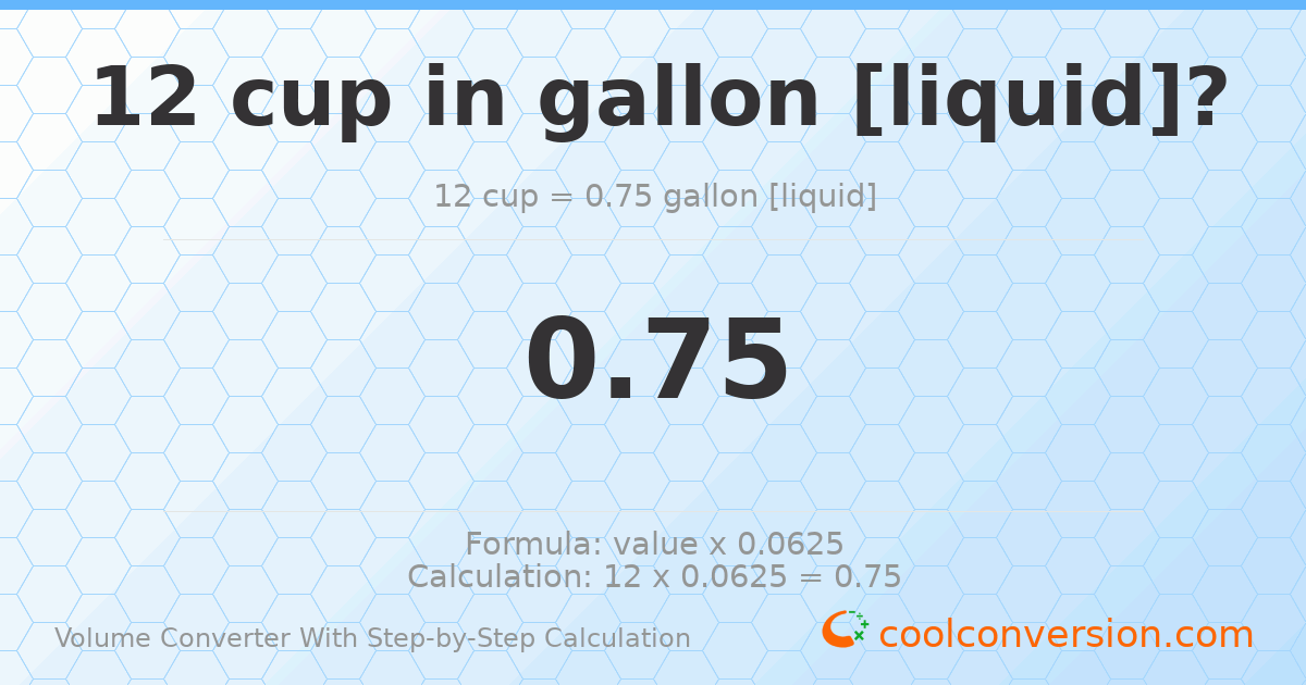 12 cups = 0.75 gallons [liquid]